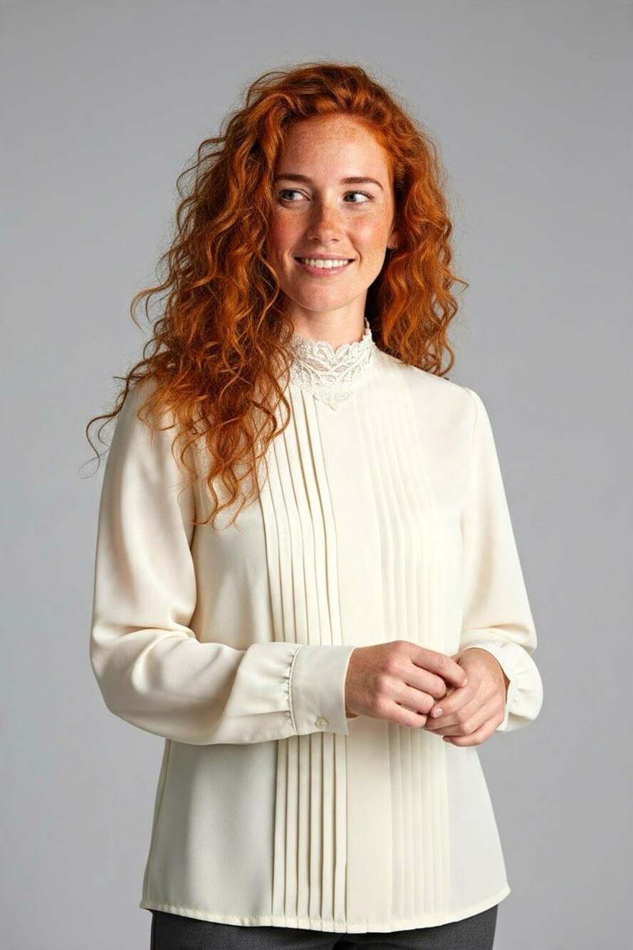 Talbots Women's Ivory Lace Mock Neck Pleated Front Blouse Long Sleeve Size 6